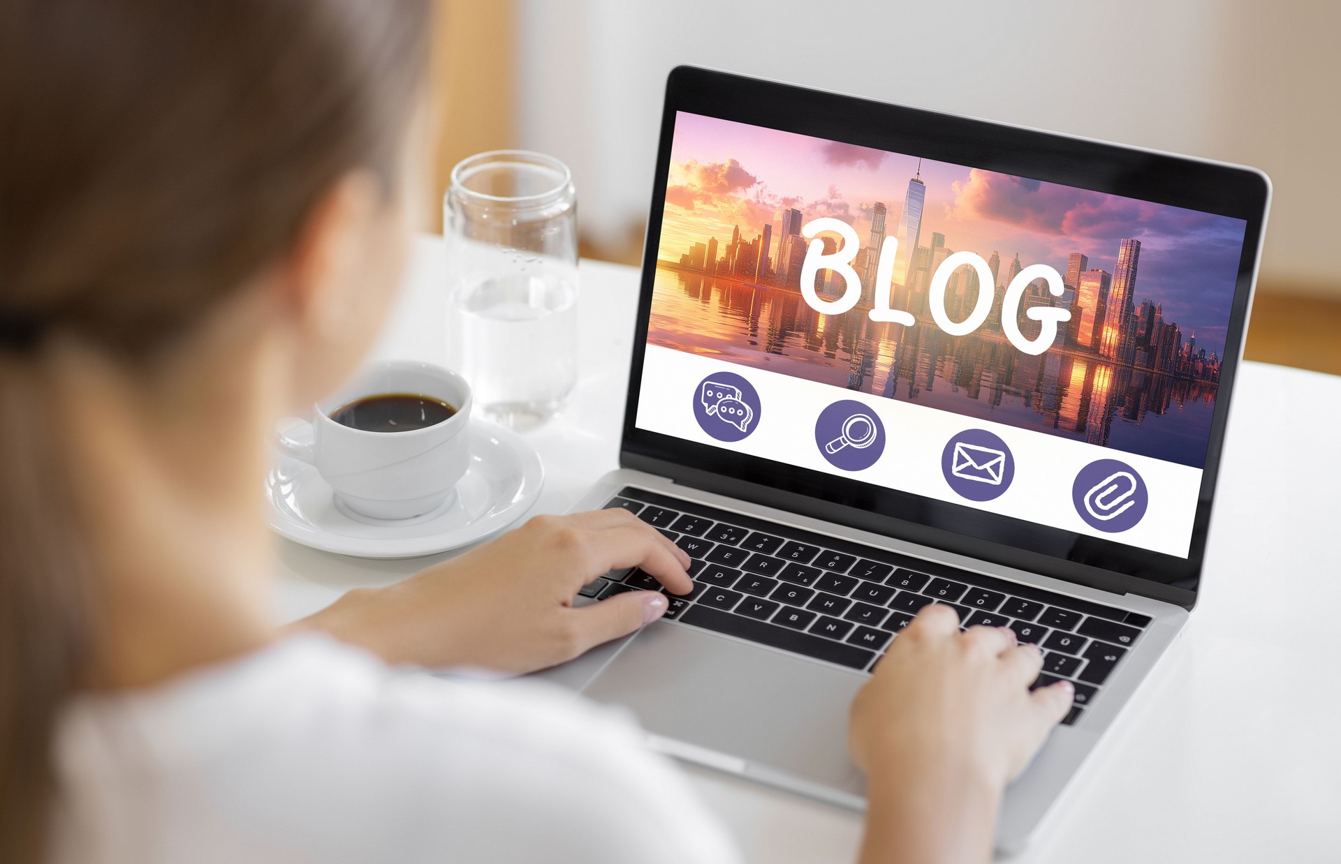 Young Woman Writing a Blog on Laptop with Coffee and Cityscape Background