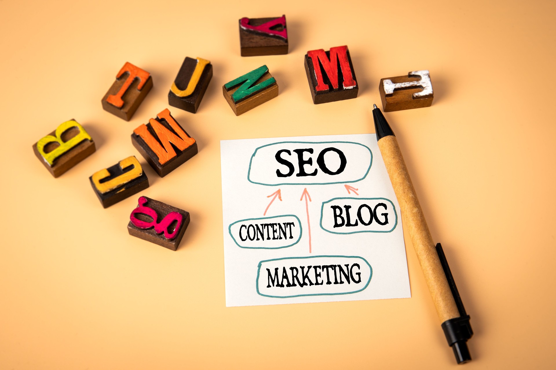 SEO Concept. BLOG CONTENT MARKETING. Note sheet with text and chart